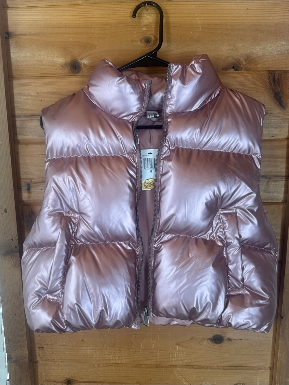 Double Zero Metallic Rose Puffer Vest - Shiny Pink Quilted Sleeveless